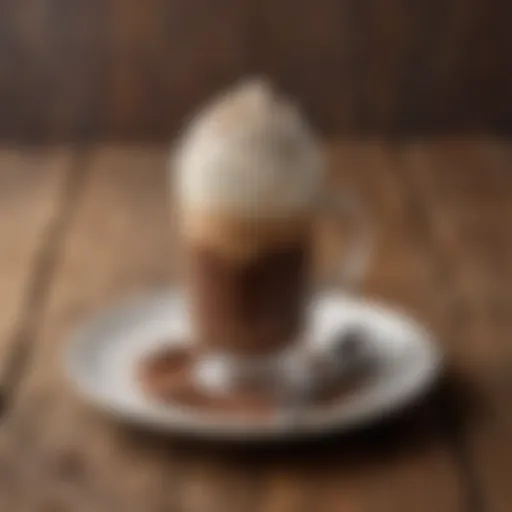 A refreshing glass of iced mocha coffee topped with whipped cream and cocoa powder, set against a rustic wooden background.