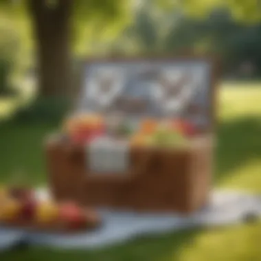 The Essence of Outdoor Elegance Elegant picnic basket nestled in a sunlit park