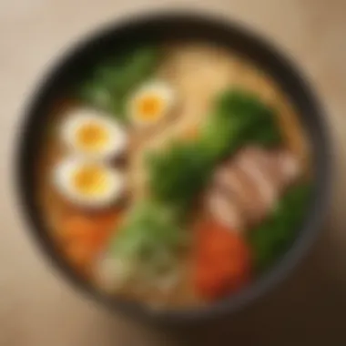 An elegant bowl of Maruchan ramen garnished with fresh herbs and vibrant vegetables