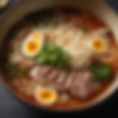 A close-up of a flavorful broth simmering with rich colors and aromatic herbs