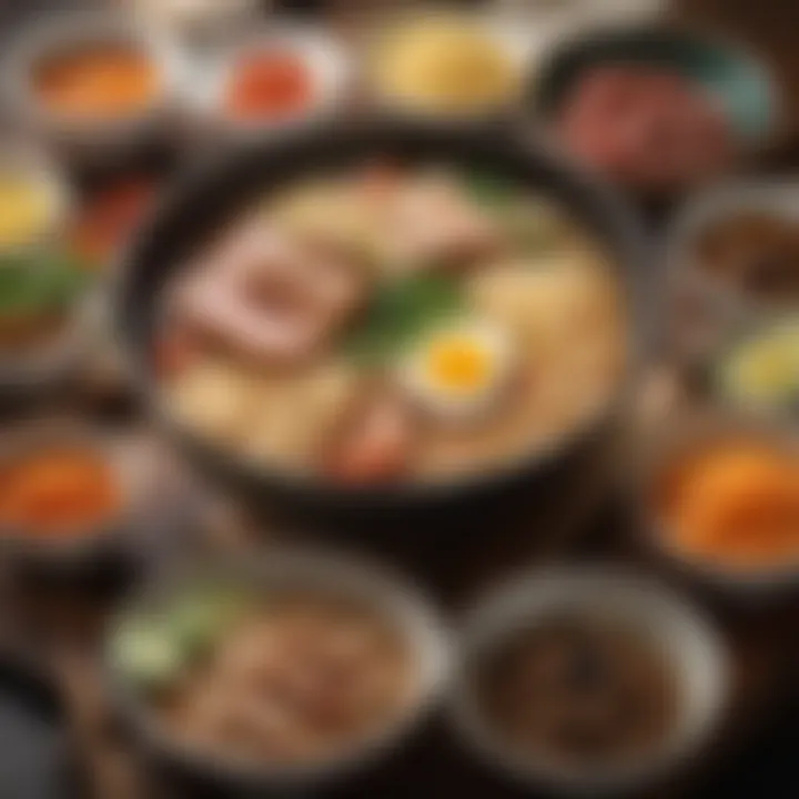 A selection of high-quality ingredients like broth, spices, and fresh toppings arranged artistically