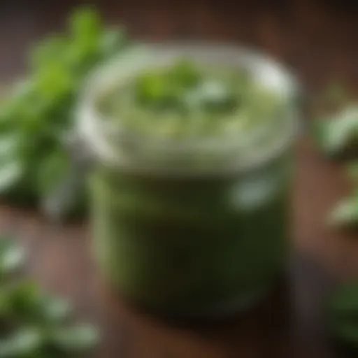 Vibrant cilantro paste jar with fresh cilantro leaves