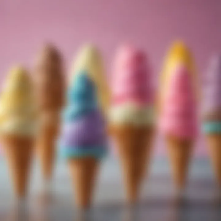 An array of colorful ice cream cones filled with unique flavors