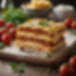 Fresh ingredients for lasagna including tomatoes, cheese, and herbs