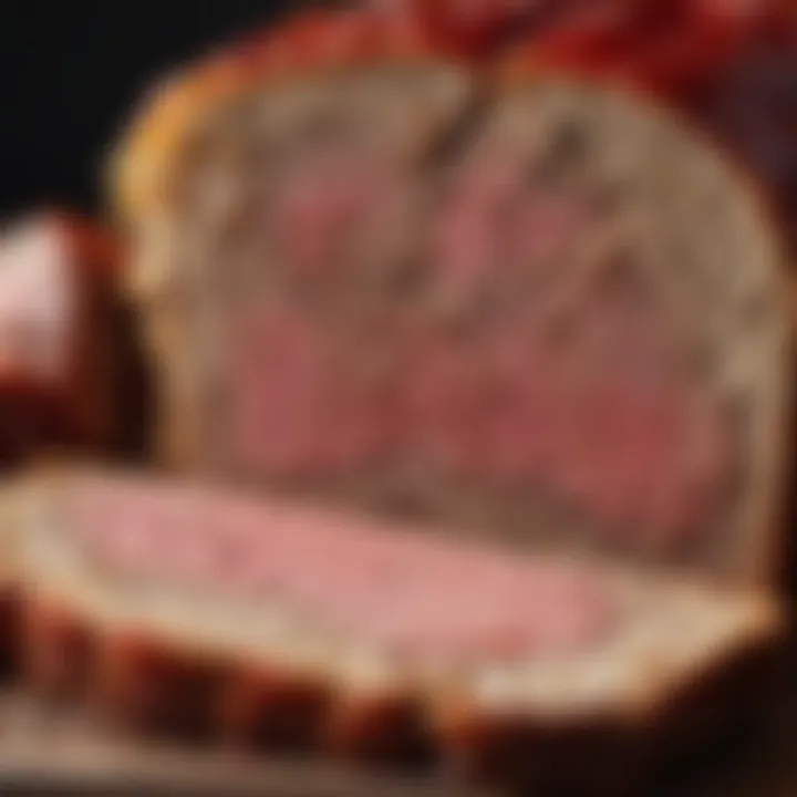 A close-up of meatloaf sliced to reveal its juicy interior