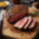 A perfectly seared steak resting on a cutting board