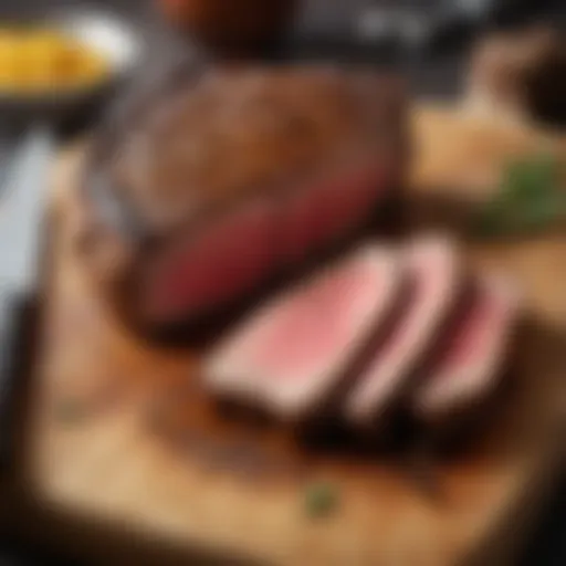 A perfectly seared steak resting on a cutting board