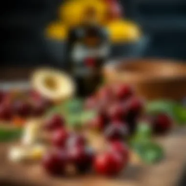 Luxardo cherries displayed on a wooden cutting board with fresh ingredients