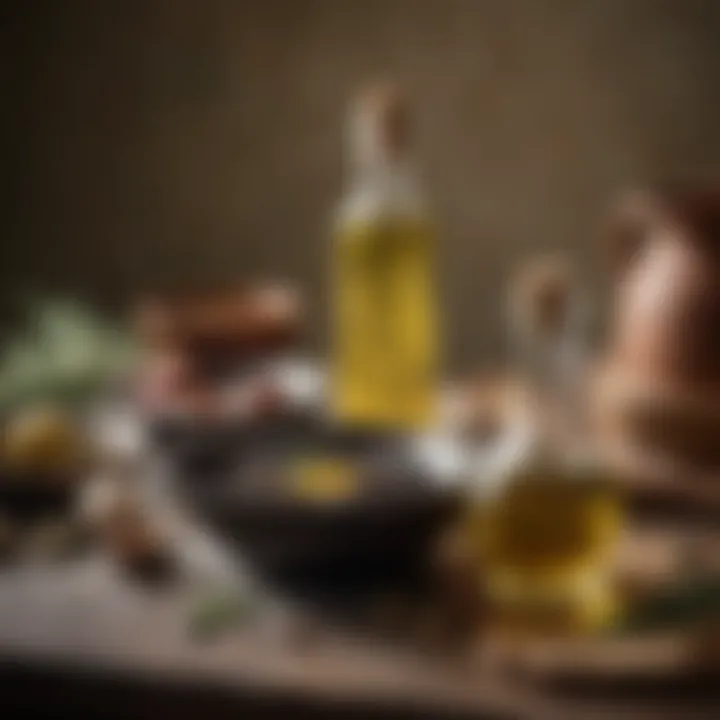A bottle of high-quality olive oil alongside cast iron cookware