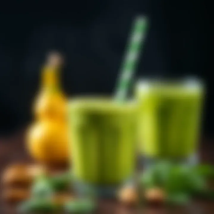 Smoothie made with spinach, banana, and almond milk in a glass with a straw.