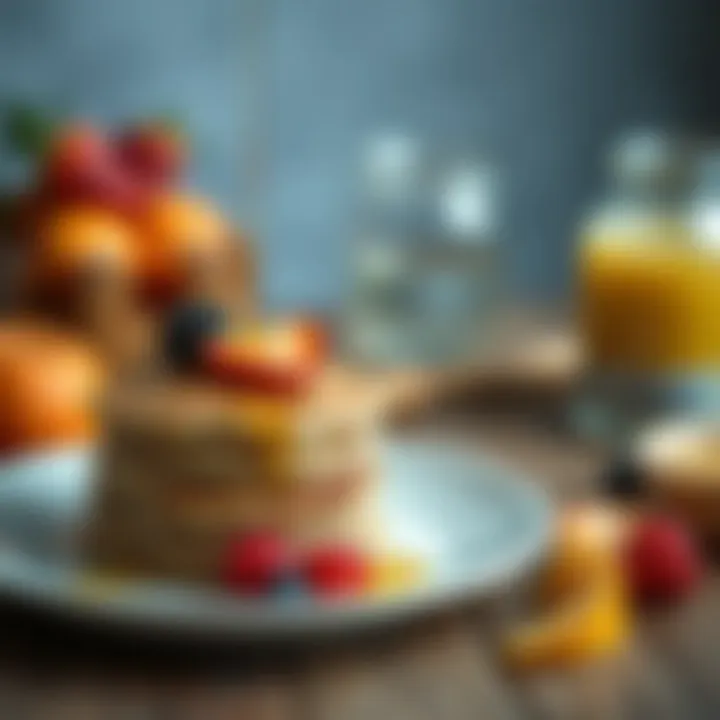 Whole grain pancakes with fresh fruit and a drizzle of honey on a plate.