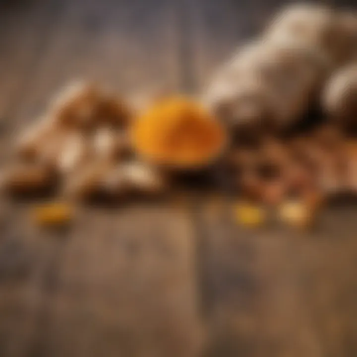 An arrangement of turmeric roots and capsules on a wooden table