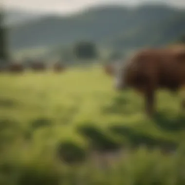 A serene pasture with grazing cattle, representing sustainable farming practices.