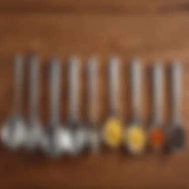 Scoop measuring spoons organized neatly on a kitchen counter.