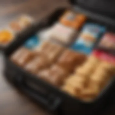 An organized packing of travel snacks in a carry-on bag, highlighting convenience