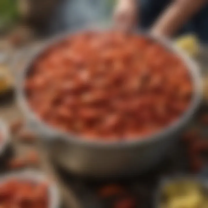 A vibrant gathering around a large pot of boiling crawfish outdoors.