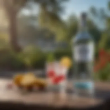 A refreshing outdoor setting featuring a vibrant drink with sparkling water and vodka on a table