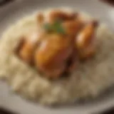 Golden brown oven baked chicken resting on a bed of fluffy rice with herbs