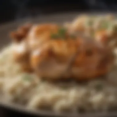 Steaming Plate of Chicken and Rice A close-up of a steaming plate of oven baked chicken and rice garnished with parsley