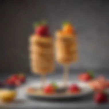 A delightful array of pancake on a stick variations garnished with fresh fruit and syrup