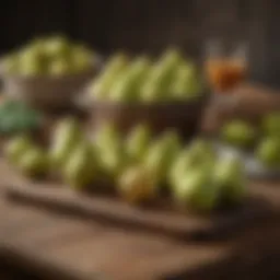 Fresh pears arranged artistically on a rustic wooden table