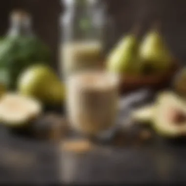 Nutritional ingredients for a pear smoothie laid out on a kitchen counter