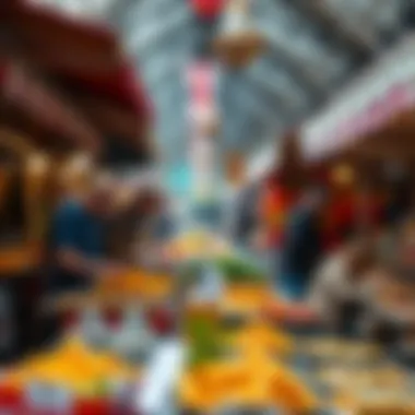 A vibrant street food market in London, bustling with diverse stalls and colorful dishes from around the world.