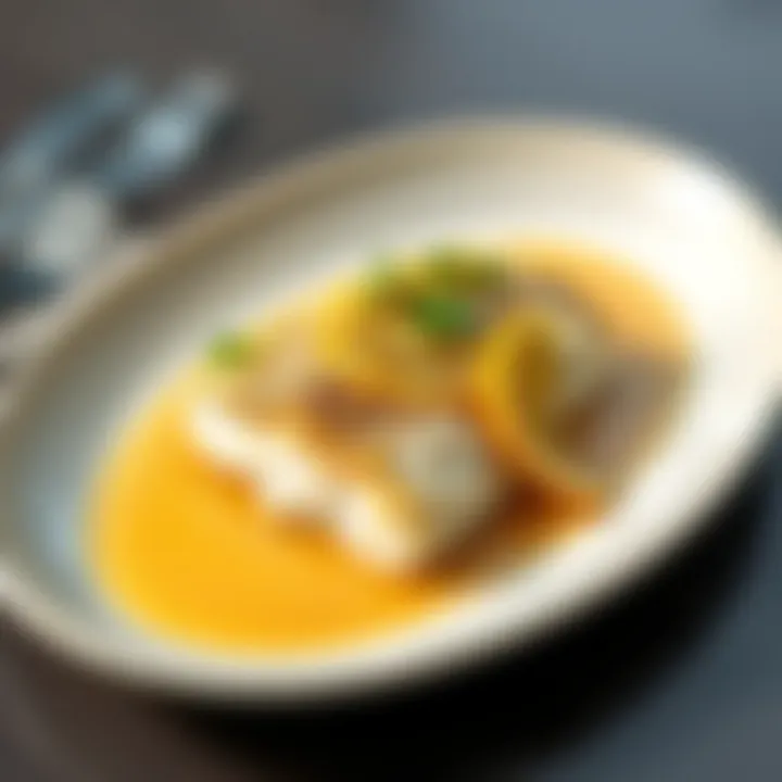 Pollock with Refreshing Citrus Sauce Plate of pollock fish served with a citrus sauce