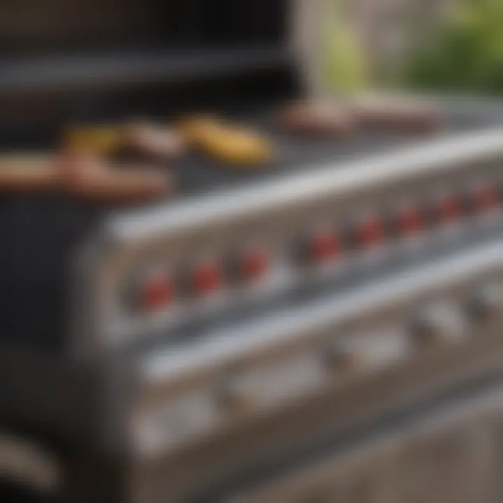 Close-up view of propane grill controls and features