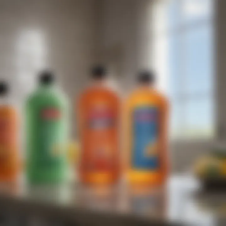 Cleaning products displayed on a bathroom counter