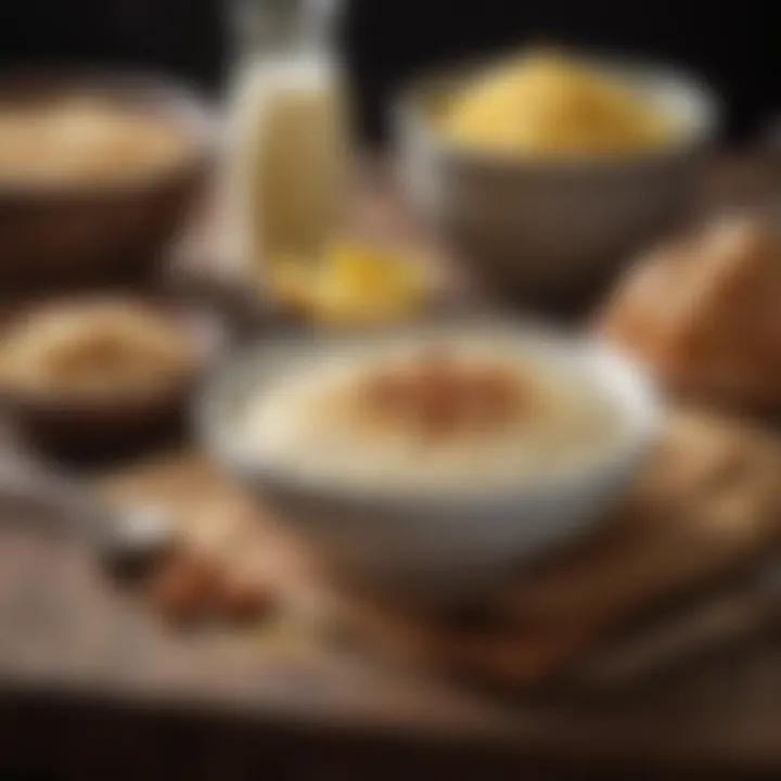 Ingredients for making traditional arroz con leche displayed on a rustic table