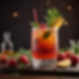 A vibrant cocktail garnished with fresh fruits and herbs