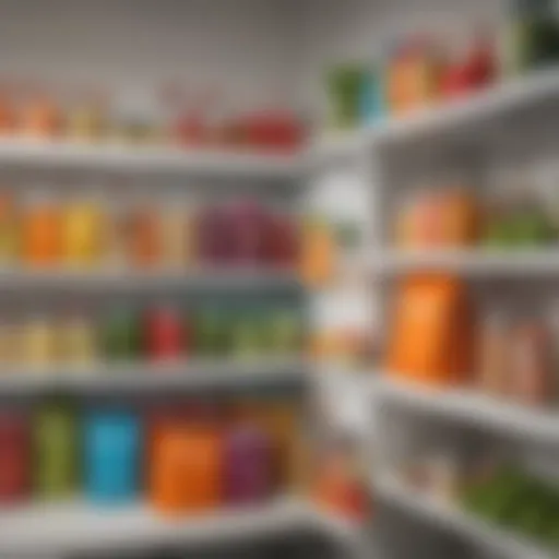 An assortment of colorful reusable fridge bags displayed in a modern kitchen setting