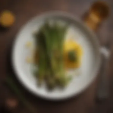 A beautifully plated dish featuring roasted asparagus