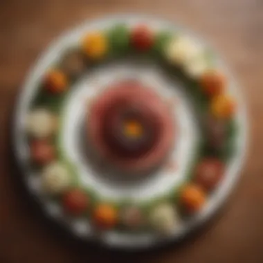 An elegant plate showcasing sliced roasted eye of round with garnishes and sides.