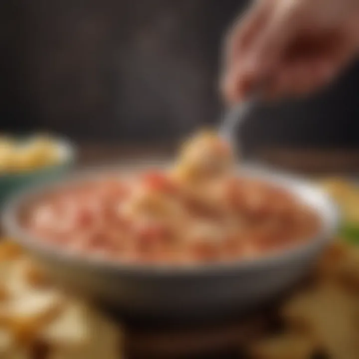 A close-up of a spoon dipping into a bowl of Rotel cheese dip