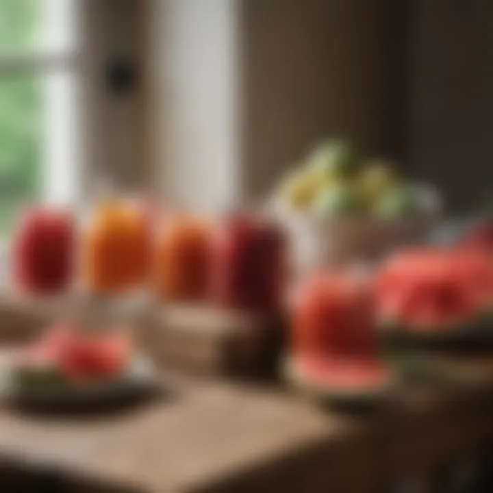 A rustic table set with jars of preserves and fresh watermelon