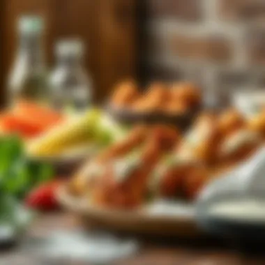 A rustic table setting featuring ranch fried chicken wings alongside fresh vegetables