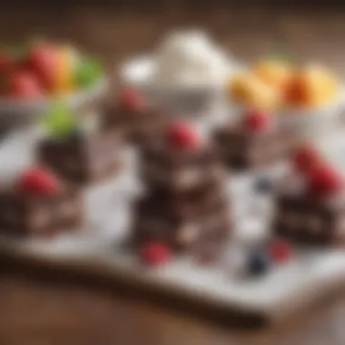 An assortment of brownie bites paired with fresh fruits and ice cream