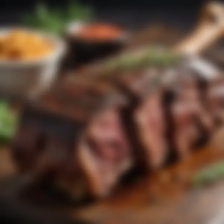 A close-up of beef ribs being seasoned with spices and herbs.
