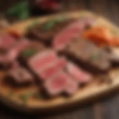 A selection of different beef cuts showcased on a wooden board.