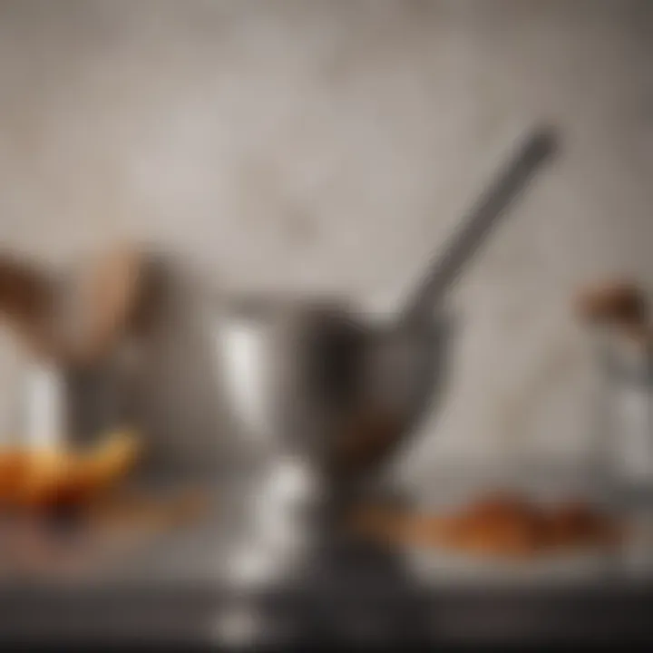 A sleek stainless steel mortar and pestle against a minimalist kitchen backdrop