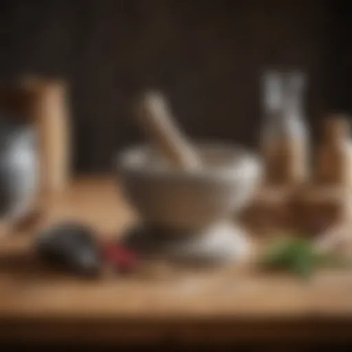 A beautifully crafted stone mortar and pestle set displayed on a wooden countertop