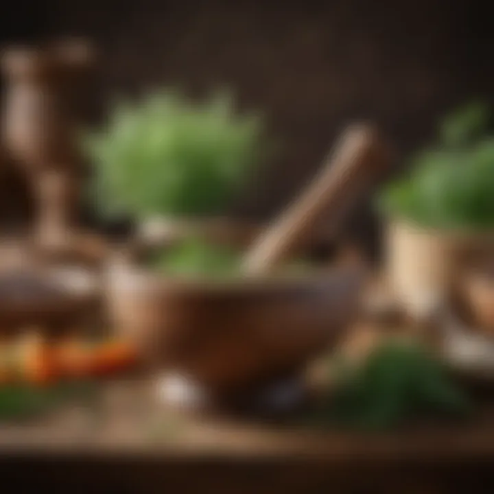 A rustic wooden mortar and pestle with fresh herbs surrounding it