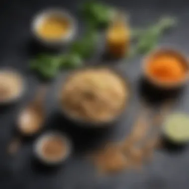 An array of fresh ingredients used in sesame ginger dressing including ginger and sesame seeds