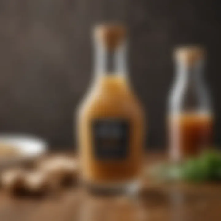 A chic glass bottle filled with sesame ginger dressing, perfect for storing homemade condiments