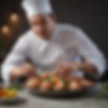 A chef garnishing a shellfish dish with herbs