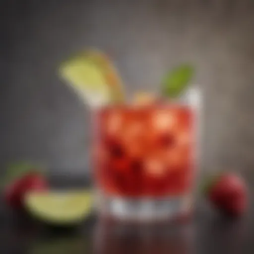 A vibrant cocktail garnished with fresh fruits