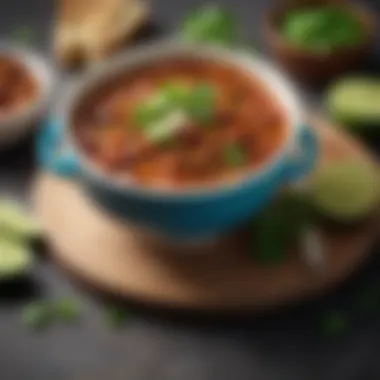 Comforting Chili Bowl A bowl of hearty chili topped with cilantro and a slice of lime