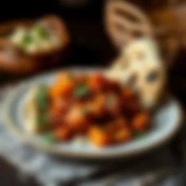 Plated vegetable curry with naan bread